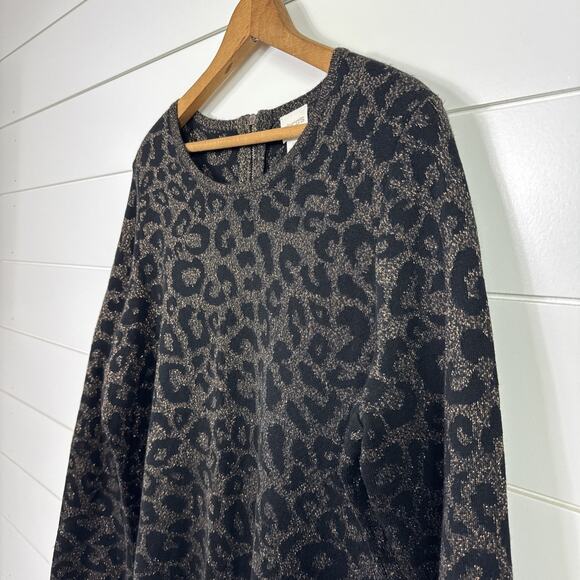 Chico's Leopard Print Long Sleeve Pullover Sweater Metallic Black sz 2 / Large - Picture 4 of 8